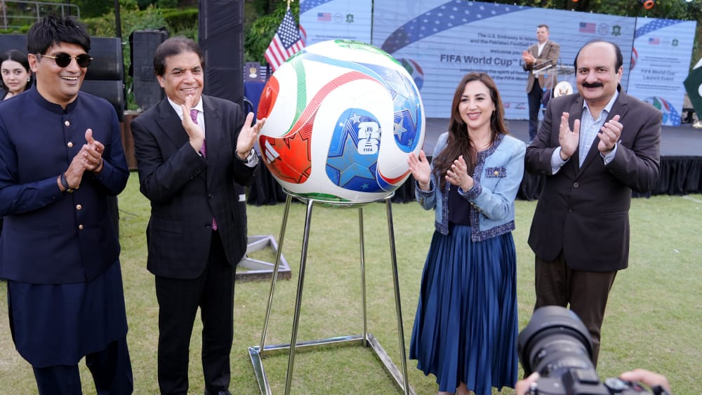 (L-R) Pakistan Railways Minister Hanif Abbasi, US Embassy Chargé d’Affaires Natalie Baker, PM Youth Programme Chairman Rana Mashood Ahmad Khan, and Pakistan Football Federation President Syed Mohsen Gilani during the FIFA World Cup 2026 countdown launch a