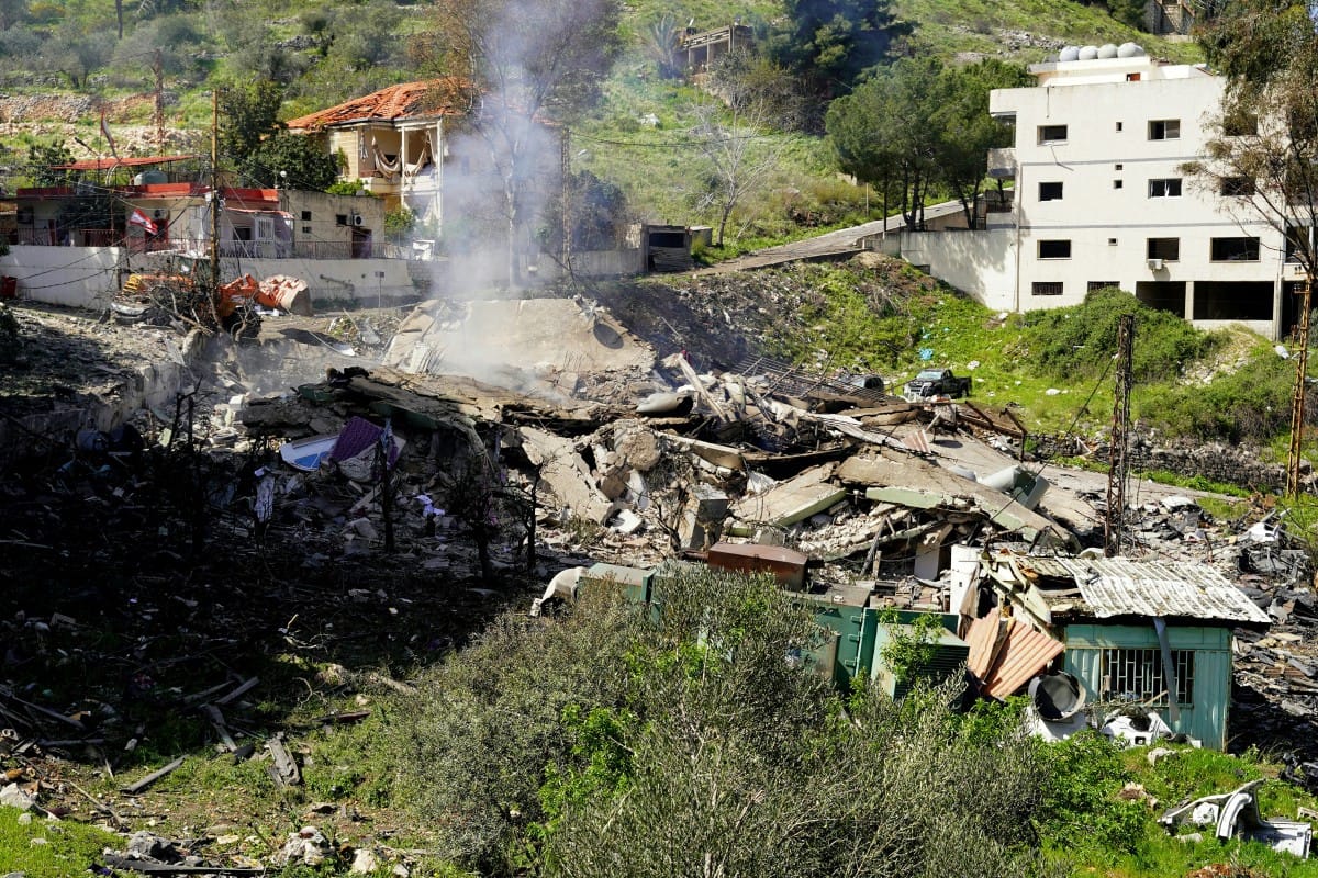 The rubble of a destroyed building is pictured after overnight Israeli bombardment on a civil defence station in Lebanon's southern city of Nabatieh on Marsch 18, 2026.