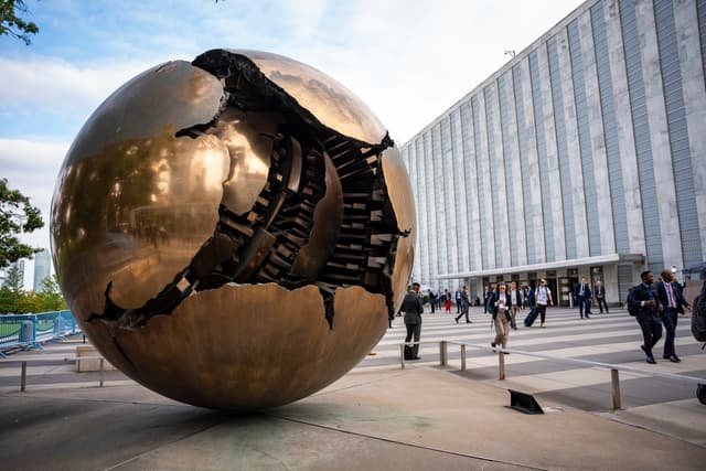 Sphere Within Sphere outside the United Nations Headquarters on the first day of the 80th session of the UN General Assembly's High-Level week,