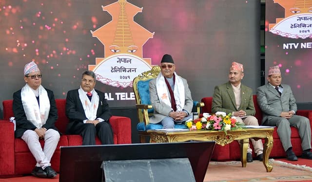 Former Nepali Prime Minister KP Sharma Oli, along with other officials, attends the inaugural session marking the launch of the high-definition versions of four Nepal Television (NTV) channels on its 34th anniversary, January 30, 2019. (File photo: The Hi