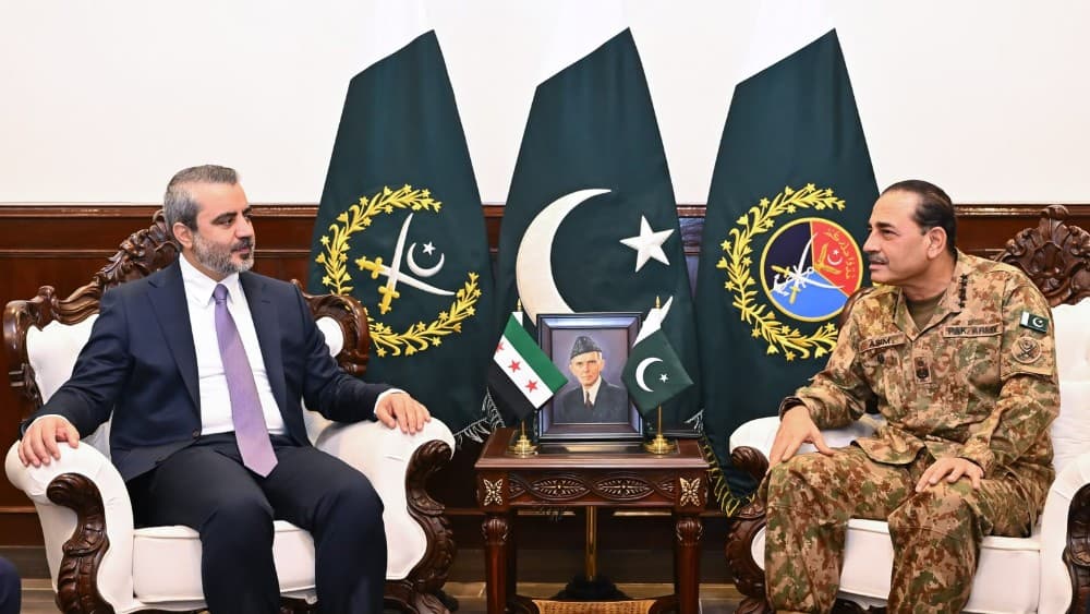 Syrian Foreign Minister Asaad Hassan Al-Shaibani calls on Chief of Defense Forces Field Marshal Asim Munir at GHQ in Rawalpindi on August 21, 2026. (Photo: ISPR)