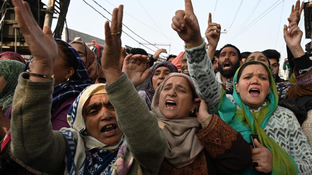 Relatives of the Nowgam police station blast victims demand bodies of the deceased on the outskirts of Srinagar on November 15, 2025. (AFP)