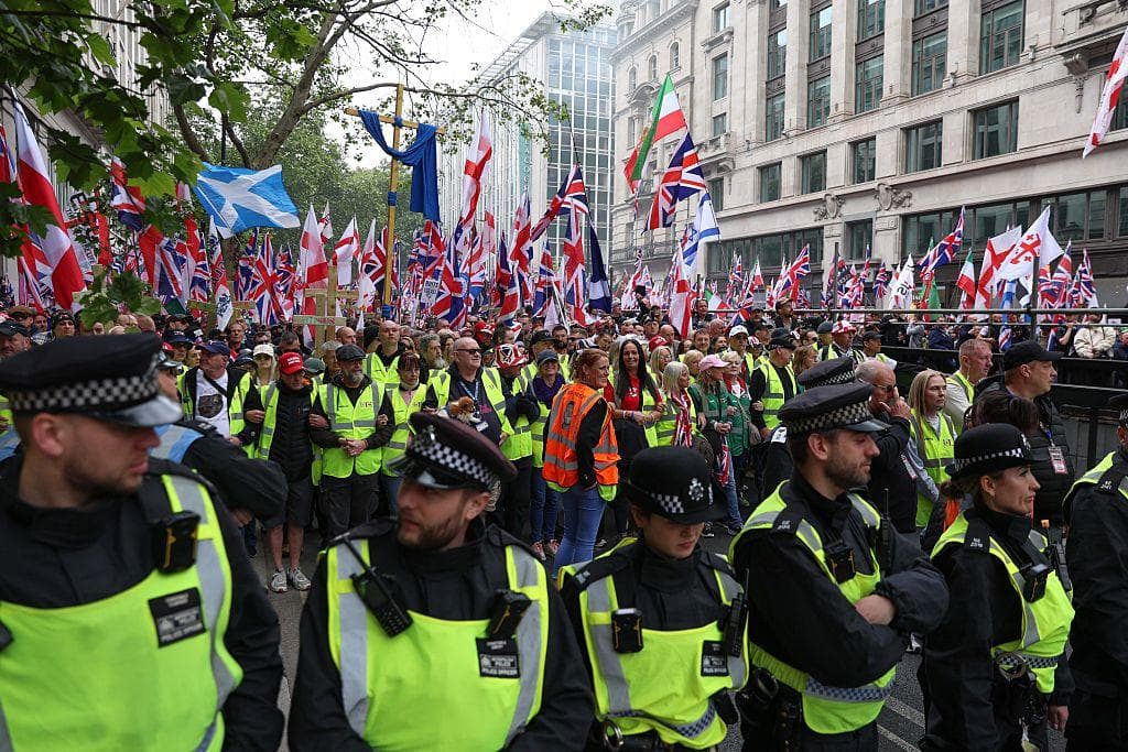 Demonstrators gather around Kingsway to march during 'Unite the Kingdom' organized at the call of far-right activist Tommy Robinson in London, United Kingdom on May 16, 2026. (AFP)