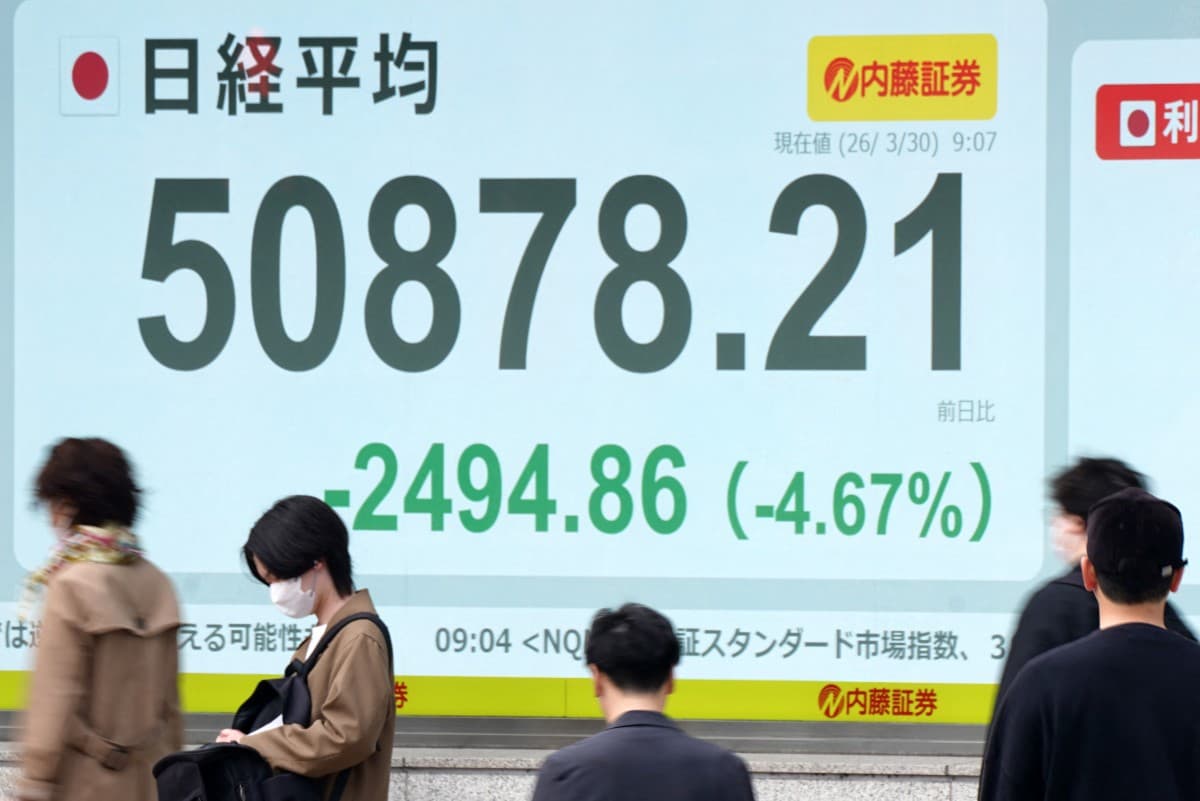 An electronic quotation board displays the Nikkei Stock Average on the Tokyo Stock Exchange along a street in Tokyo on March 30, 2026. (AFP)