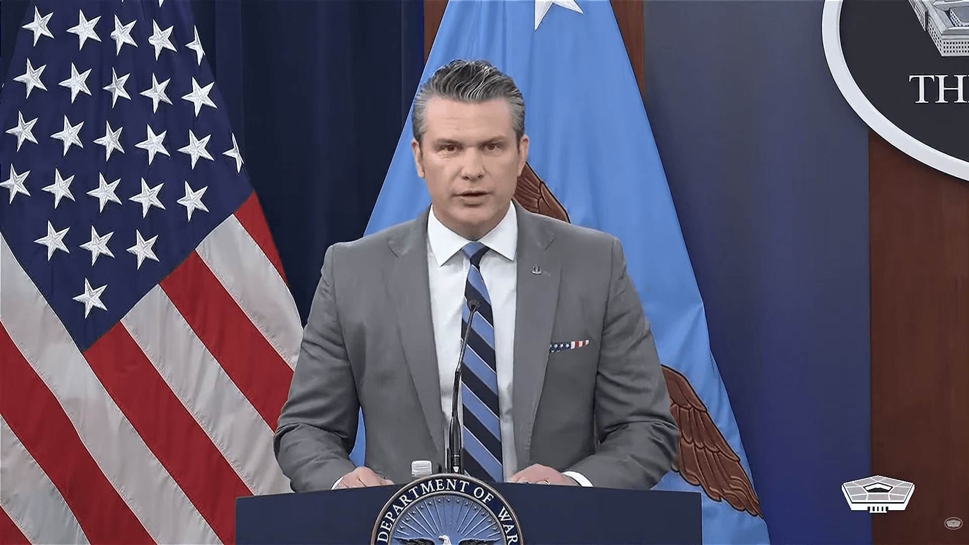 US Secretary of War Pete Hegseth and Chairman of the Joint Chiefs of Staff, Air Force Gen. Dan Caine, hold a press briefing at the Pentagon on April 24, 2026. (Department of War/YouTube)