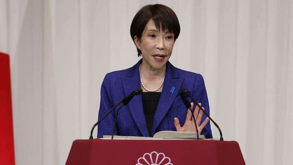 Japan's Prime Minister Sanae Takaichi, leader of the ruling Liberal Democratic Party (LDP), speaks during a press conference at the LDP headquarters in Tokyo on February 9, 2026.