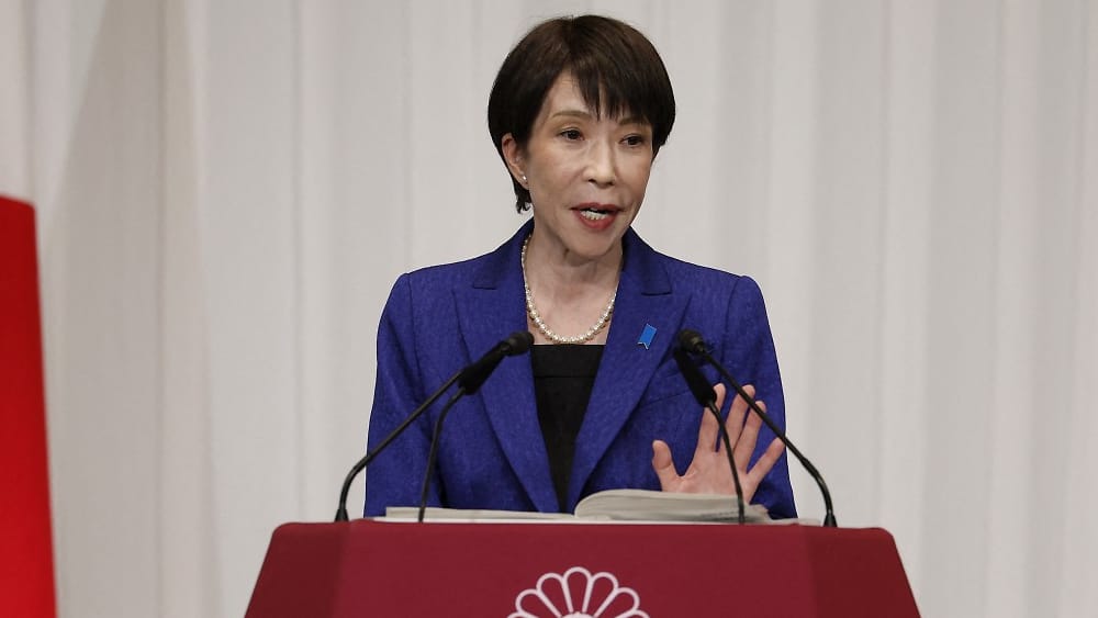 Japan's Prime Minister Sanae Takaichi, leader of the ruling Liberal Democratic Party (LDP), speaks during a press conference at the LDP headquarters in Tokyo on February 9, 2026.