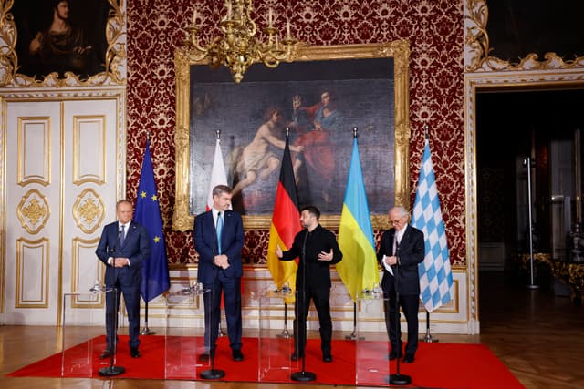 Polish PM Donald Tusk, Bavarian State Premier Markus Soeder, Ukrainian President Volodymyr Zelensky and Munich Security Conference chairman Wolfgang Ischinger give a press statement at the Munich Residence palace, prior to the traditional dinner on the oc