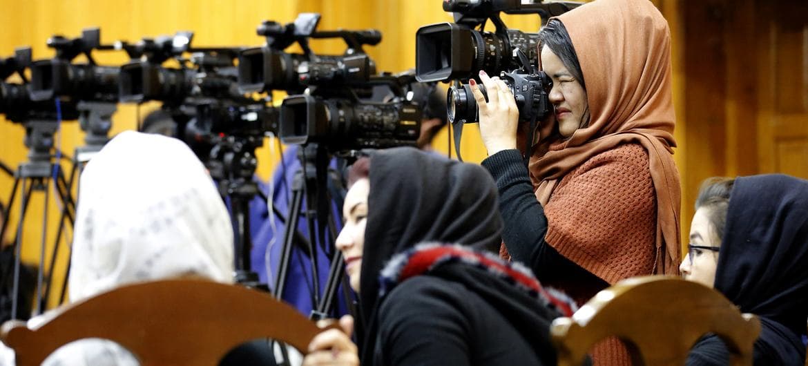 Journalists at an event in Kabul to mark Afghan National Journalists Day in March 2019, in support of media freedom and solidarity with journalists in the country
