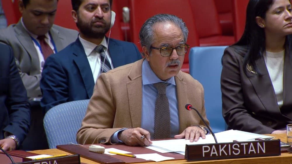 Ambassador Asim Iftikhar Ahmad, permanent representative of Pakistan to the UN, speaking at the Security Council on the situation in the Democratic Republic of Congo (DRC) on March 26, 2026. (File photo: X/@PakistanUN_NY)