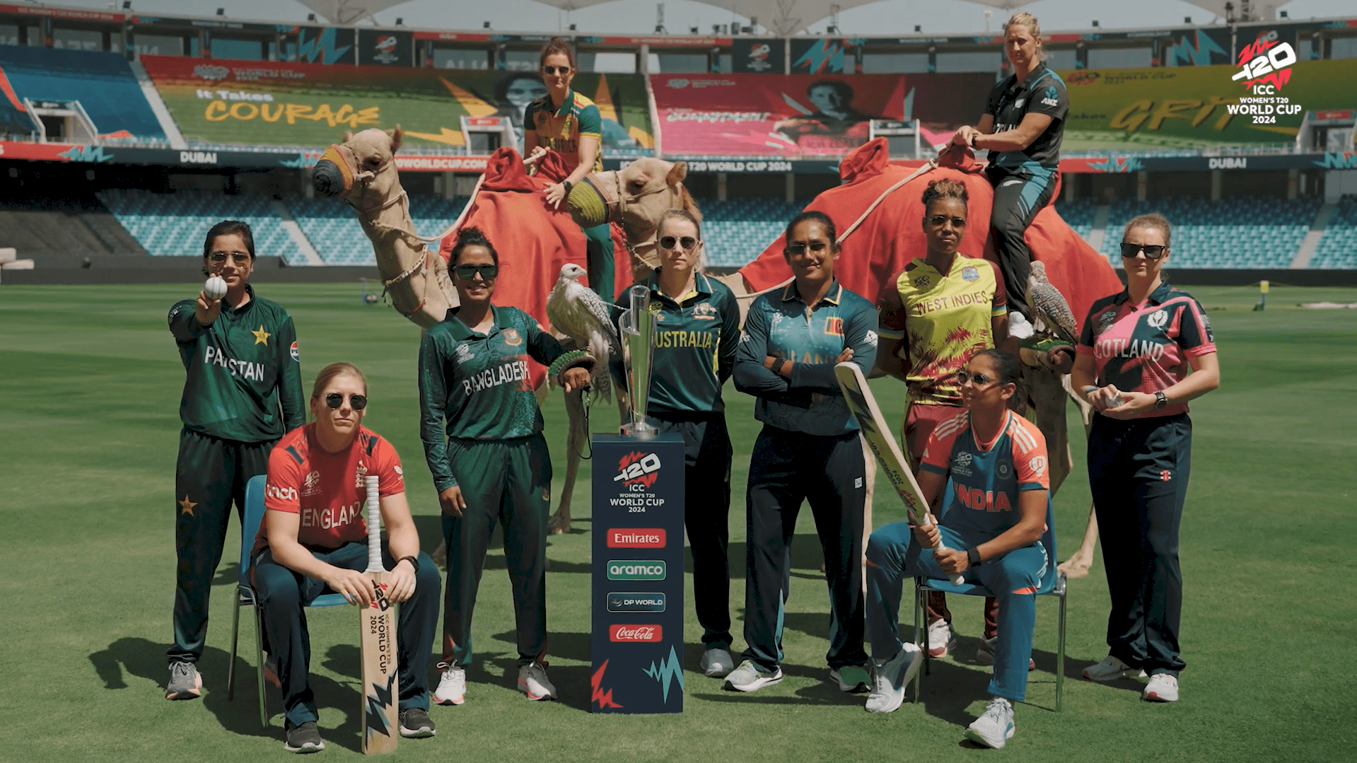 A screenshot shows team captains posing during Captains’ Day for the ICC Women’s T20 World Cup 2024. (ICC)