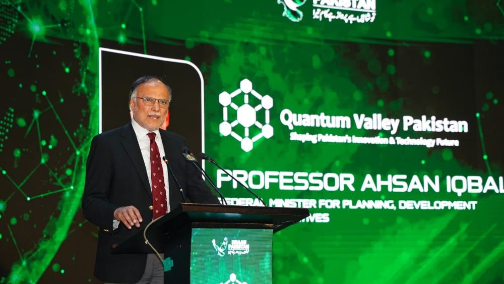 Planning Minister Ahsan Iqbal speaking at the launch of Quantum Valley Pakistan “Shaping Pakistan’s Innovation & Technology Future” on Sep 16, 2026. (Photo: X/@PlanComPakistan)