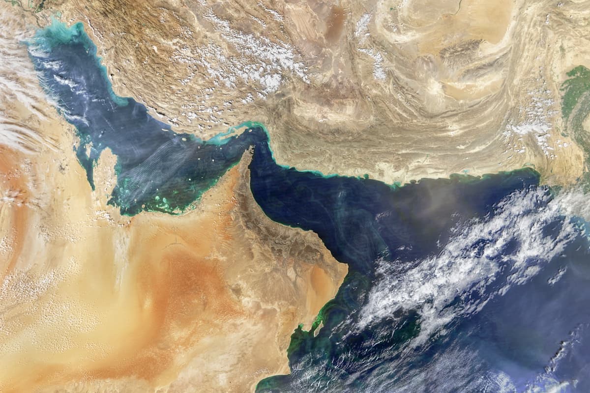 An aerial view of the Persian Gulf and the Gulf of Oman, collected on 16 October 2019. (NASA)