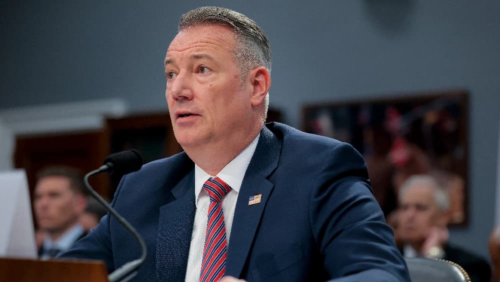 Todd Lyons, acting director of Immigration and Customs Enforcement, testifies in the Rayburn House Office Building on April 16, 2026 in Washington, DC.