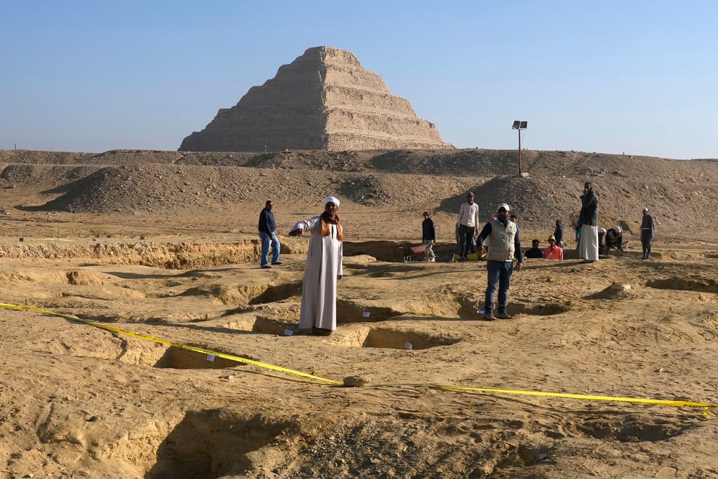 FILE - Egyptian antiquities workers dig at the site of the Step Pyramid of Djoser in Saqqara, 24 kms. (15 miles) southwest of Cairo, Jan. 26, 2023. (AP Photo/Amr Nabil, File)