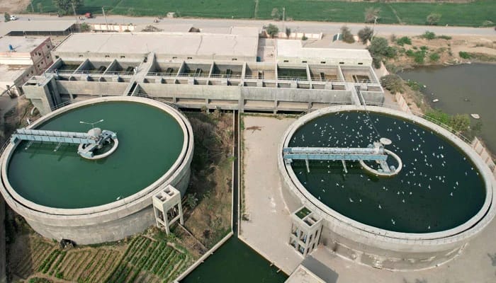 An aerial view shows the USAID-funded Pakistani non-profit HANDS water supply plant in Jacobabad in southern Sindh province on February 18, 2025. (AFP)