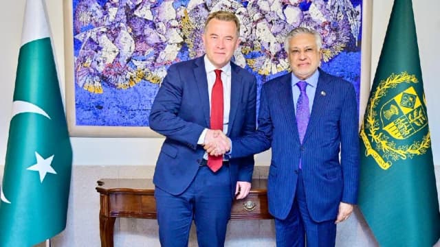 Pakistan’s Deputy Prime Minister and Foreign Minister Ishaq Dar receives Norway's Deputy Foreign Minister Andreas Motzfeldt Kravik at the Ministry of Foreign Affairs in Islamabad on May 4, 2026. (Photo: X/ @ForeignOfficePk)