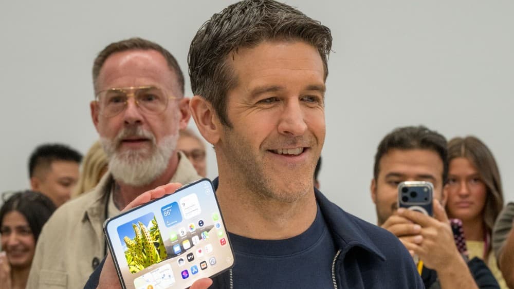 New Apple CEO John Ternus shows off an iPhone Duo during an Apple event at the Steve Jobs Theater in Apple Park in Cupertino, California, on September 9, 2026. (AFP)