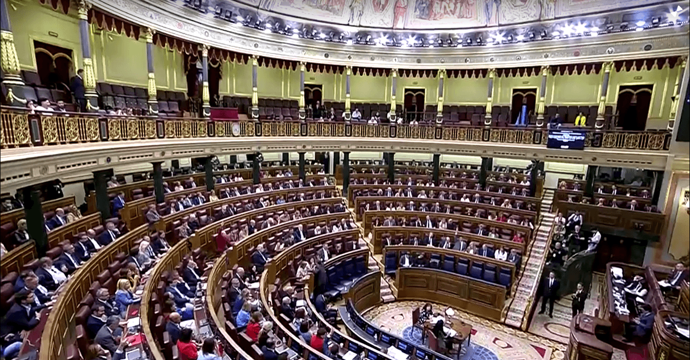 Reports said: Spanish lawmakers debate and vote on a bill formalizing an arms embargo on Israel during a parliamentary session in Madrid, Wednesday, Oct. 8, 2025. (Screengrab/Reuters)