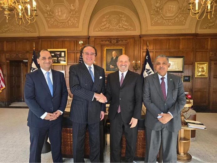 Federal Minister for Finance and Revenue Muhammad Aurangzeb, shaking hands with US Commerce Secretary, Howard A. Lutnick after a meeting at the Department of Commerce in Washington DC. Secretary Commerce, Government of Pakistan, and Pakistan's Ambassador