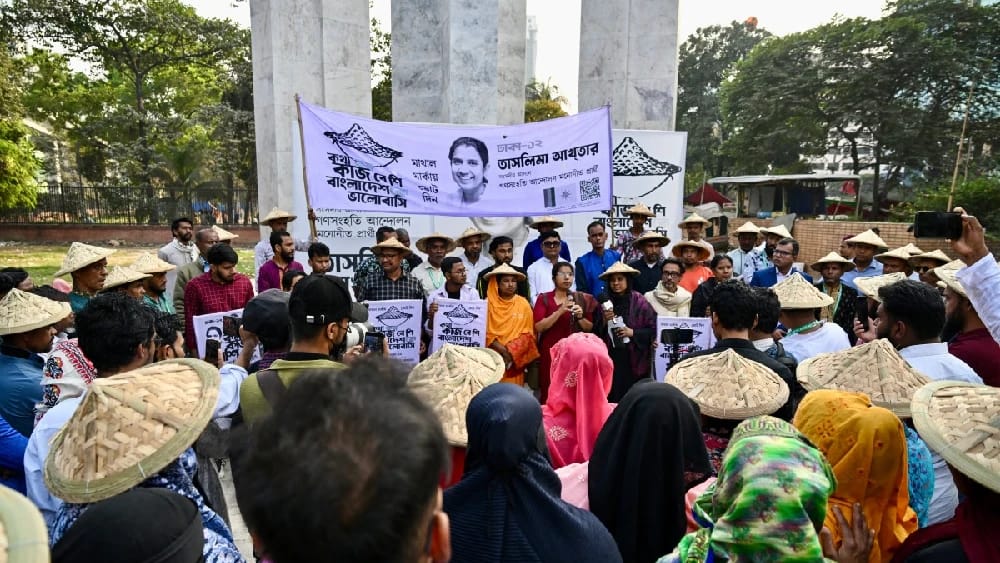 This photograph, taken on Jan. 30, 2026, shows Ganosamhati Andolon party election candidate Taslima Akhter (centre R) speaking to her supporters during a rally in Dhaka ahead of Bangladesh’s general elections. (Photo: AFP/File)