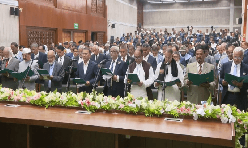 Bangladesh Nationalist Party members take oath at Jatiya Sangsad (the unicameral legislative body of Bangladesh) on February 17, 2026. (Bangladesh Sangbad Sangstha)