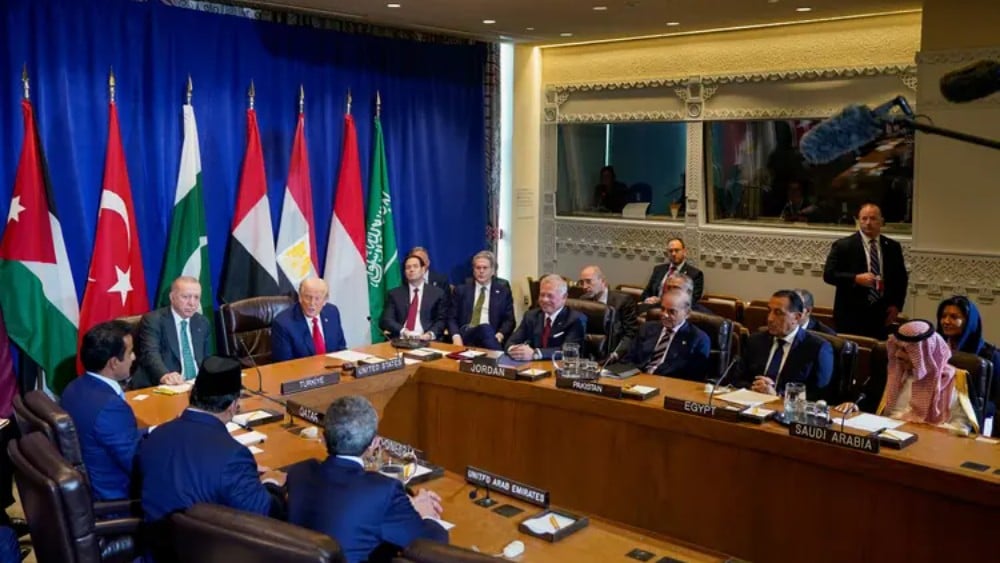 US President Donald Trump speaks next to US Secretary of State Marco Rubio and US Treasury Secretary Scott Bessent during a multilateral meeting with Turkey's President Tayyip Erdogan, Jordan's King Abdullah, Pakistan's Prime Minister Shehbaz Sharif and o