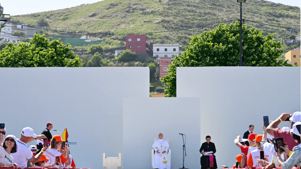 Pope Leo XIV meets organizations working for the integration of migrants in the Plaza del Cristo de la Laguna, in San Cristobal de la Laguna, outside Santa Cruz de Tenerife, on the Canary Island of Tenerife on June 12, 2026. (AFP)