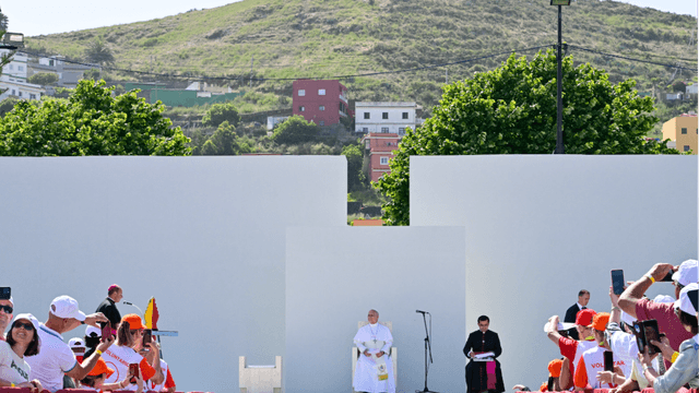 Pope Leo XIV meets organizations working for the integration of migrants in the Plaza del Cristo de la Laguna, in San Cristobal de la Laguna, outside Santa Cruz de Tenerife, on the Canary Island of Tenerife on June 12, 2026. (AFP)