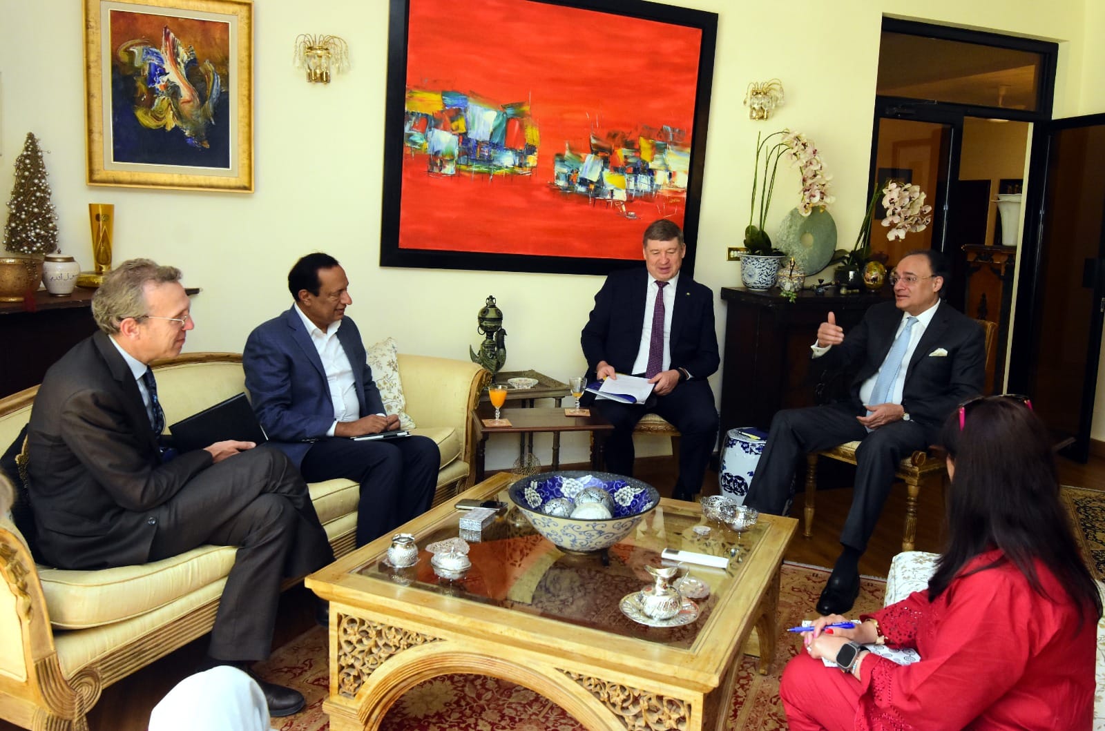 Finance Minister Muhammad Aurangzeb (right) meets Raimundas Karoblis, ambassador of the European Union to Pakistan, during a meeting at the Finance Division on April 21, 2026. (Ministry of Finance/X)