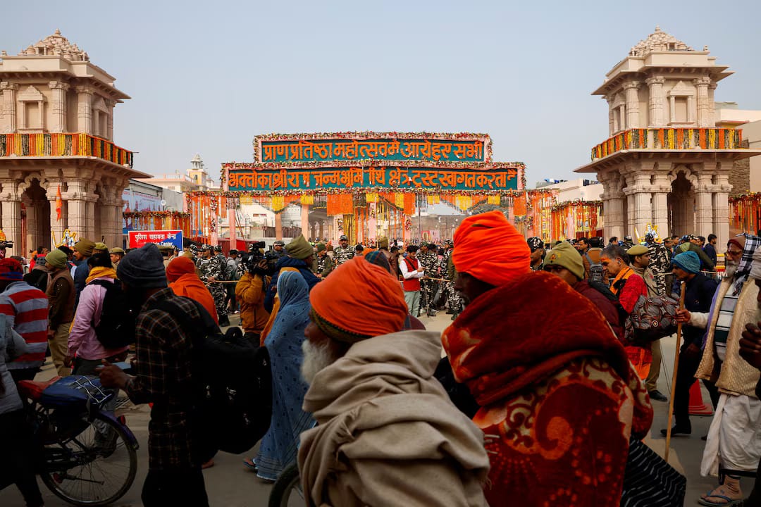Hindu devotees wait to enter the Hindu god Lord Ram temple after its inauguration in Ayodhya, India, January 23, 2024. (Reuters)