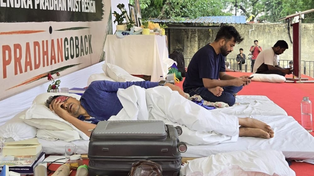 Sonam Wangchuk participates in a hunger strike during a protest over reported irregularities in India’s national examination system in New Delhi, India. (Abhijeet Dipke/X)