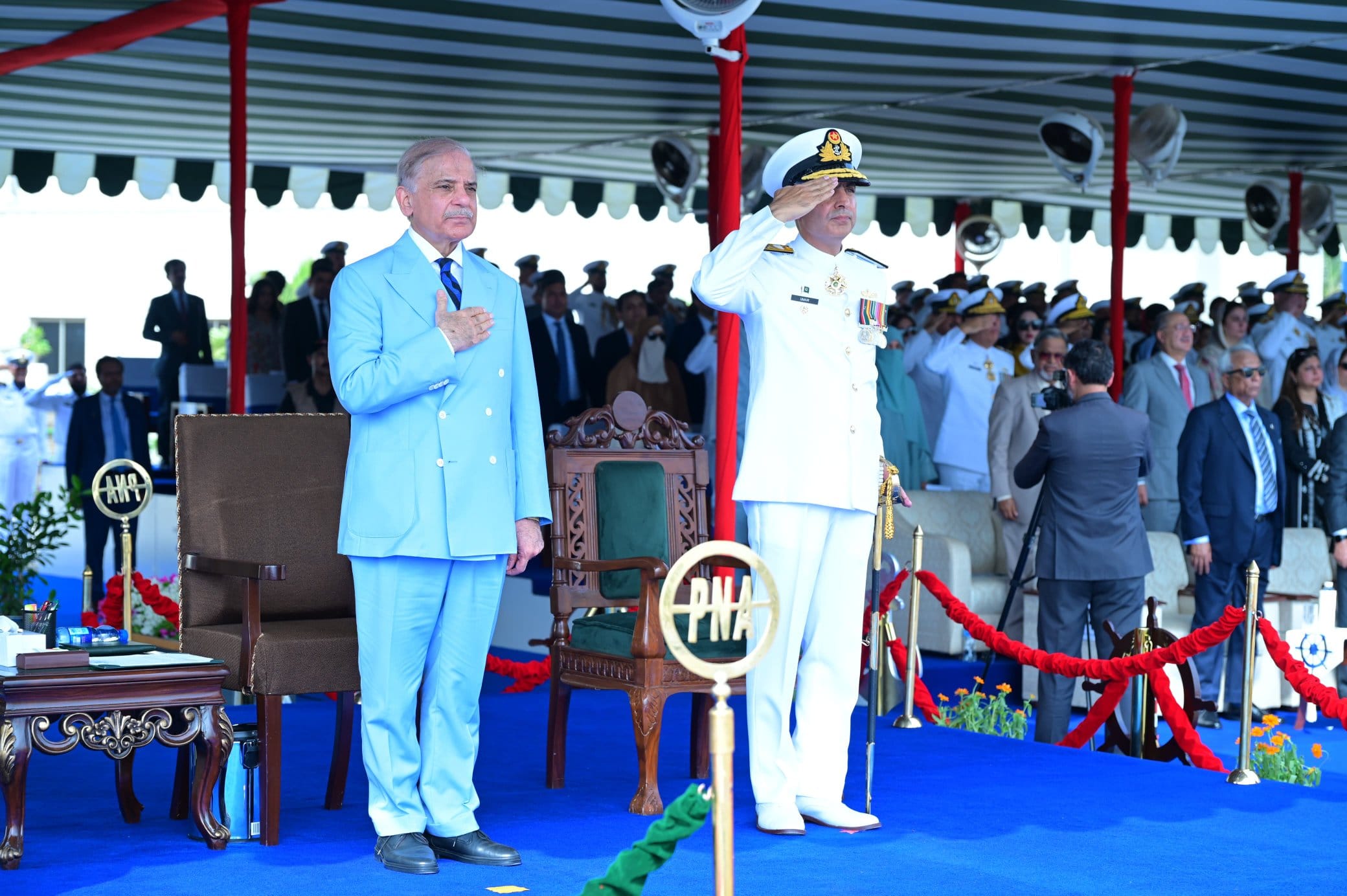 Prime Minister Muhammad Shehbaz Sharif attends the passing out ceremony of 125th Midshipmen and 33rd SSC courses at Pakistan Naval Academy, PNS Rahbar. Karachi, 27 June 2026 (X/@PakPMO)