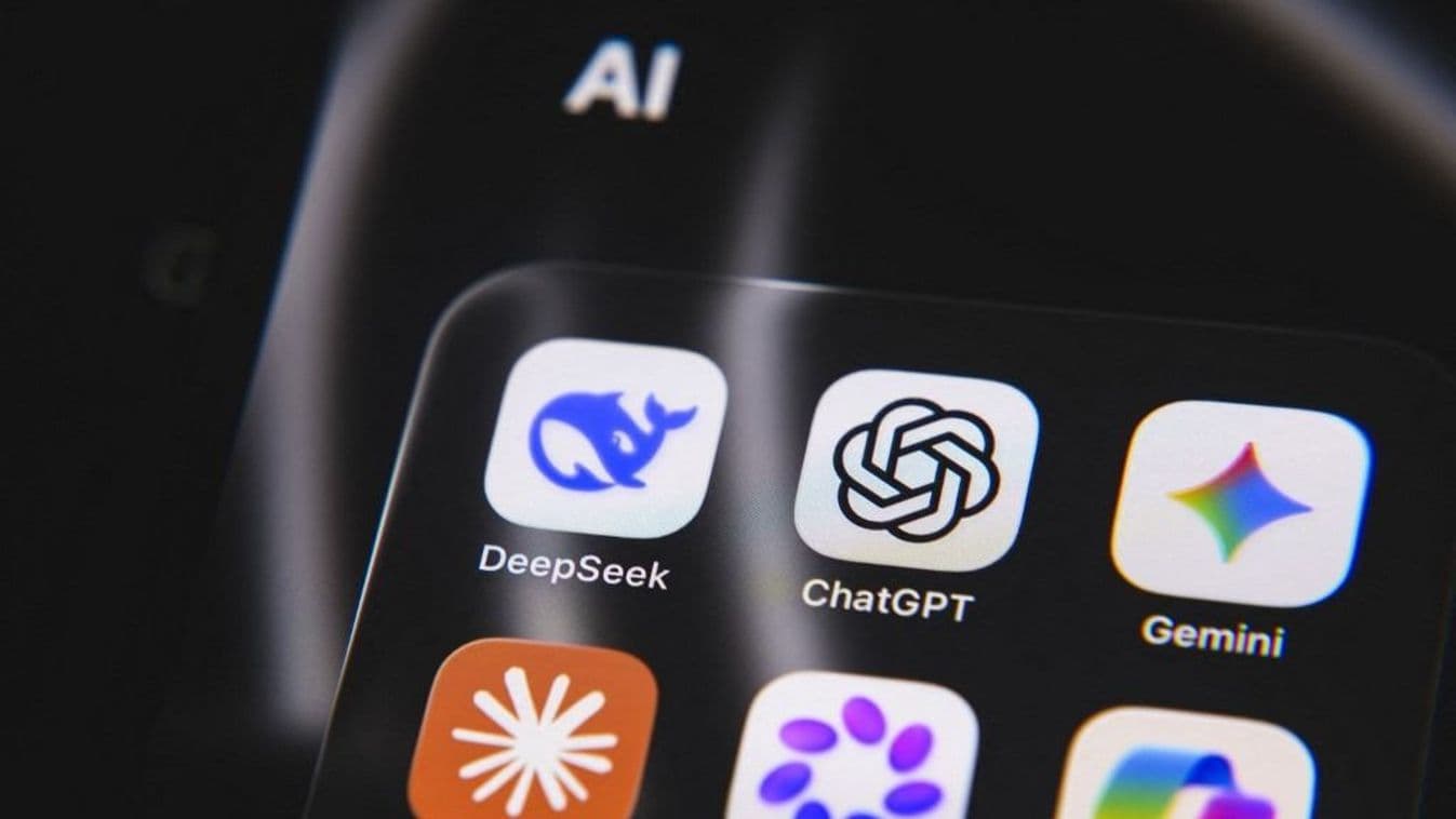 A folder of AI applications containing DeepSeek, ChatGPT, Gemini, Claude, Meta AI, and Copilot is displayed on a smartphone screen in Creteil, France, on April 24, 2026 (AFP)