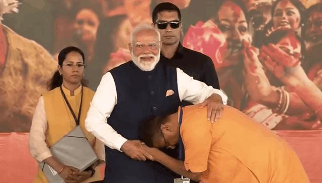 Newly elected BJP Chief Minister Suvendu Adhikari takes blessings from Indian Prime Minister Narendra Modi during his swearing-in ceremony in Kolkata, West Bengal, on May 9, 2026. (Photo: Screengrab/Reuters)
