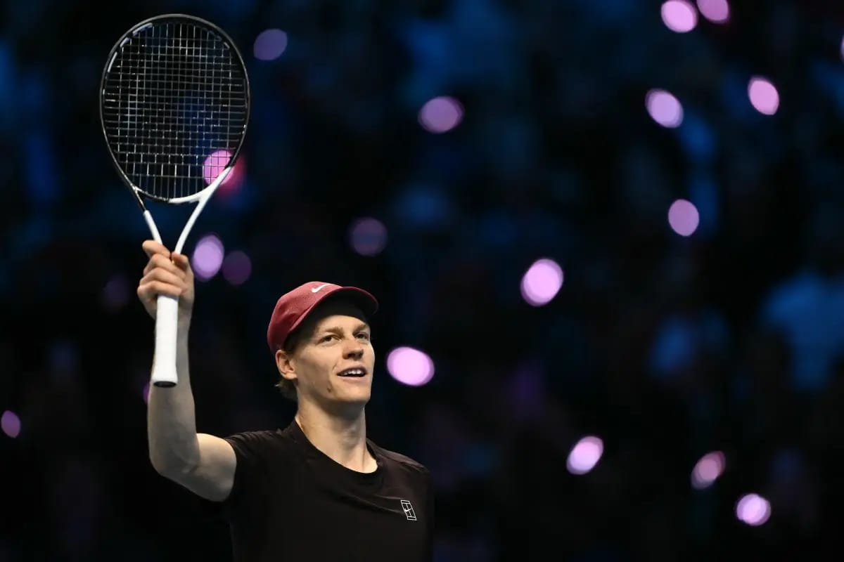 Italy's Jannik Sinner celebrates after winning his semifinal against Australia's Alex de Minaur at the ATP Finals tennis tournament in Turin on November 15, 2025. (Marco Bertorello/AFP)