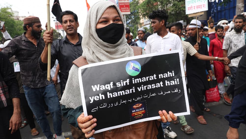 Supporters of the Indian Secular Front protest against India's Waqf Amendment Act, which changes rules governing Muslim religious and charitable properties, in Kolkata, India, April 14, 2025. (AFP)