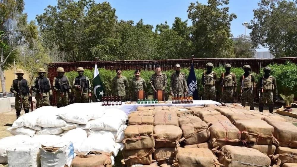 Pakistan Navy, in a joint operation with the Pakistan Coast Guards and Joint Maritime Information Coordination Centre, foil an attempt to smuggle a large cache of contraband items in Pishukan area, Balochistan. (Photo: ISPR)