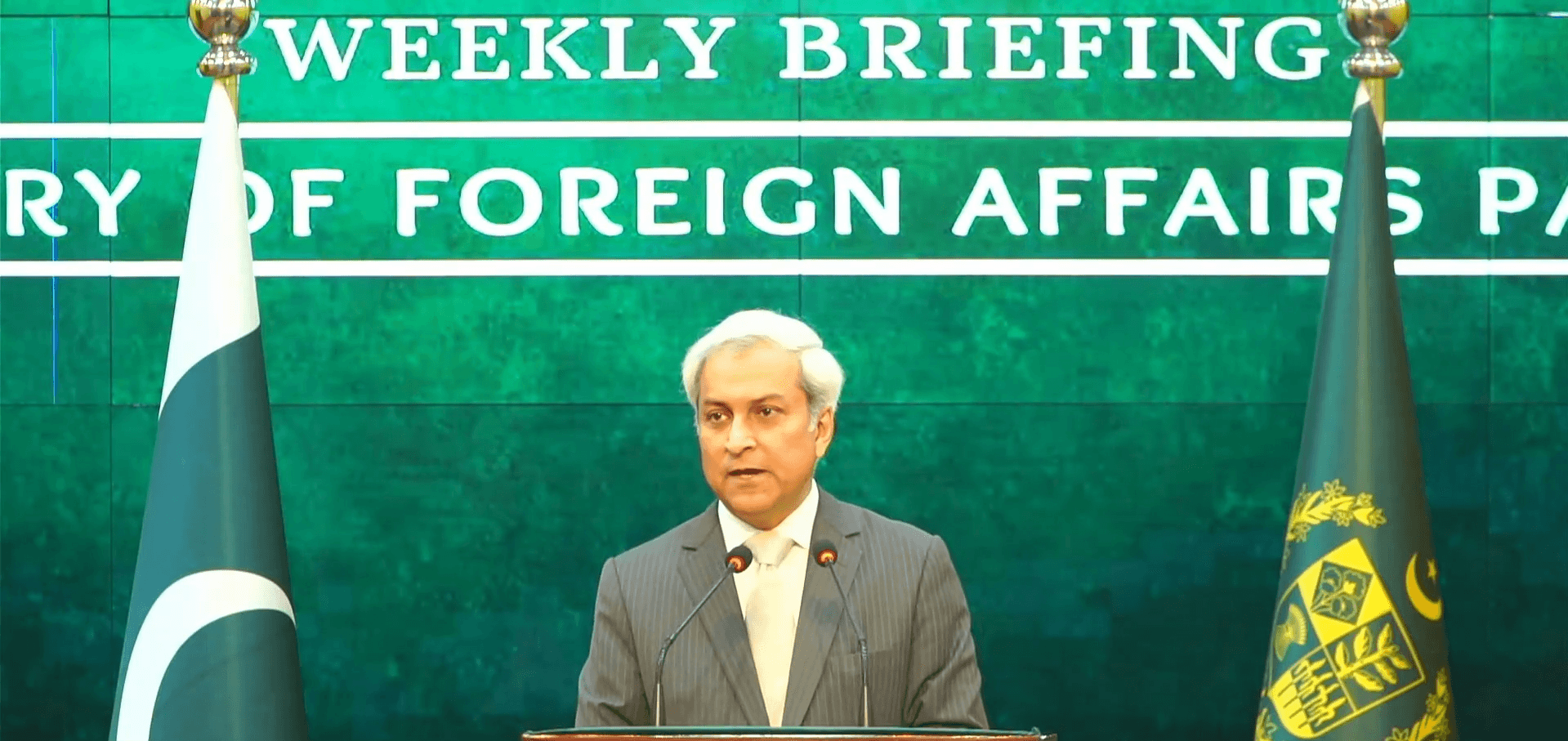 Foreign Office Spokesperson Tahir Hussain Andrabi speaking at a weekly press briefing in Islamabad, on February 26, 2026. (Ministry of Foreign Affairs/X)