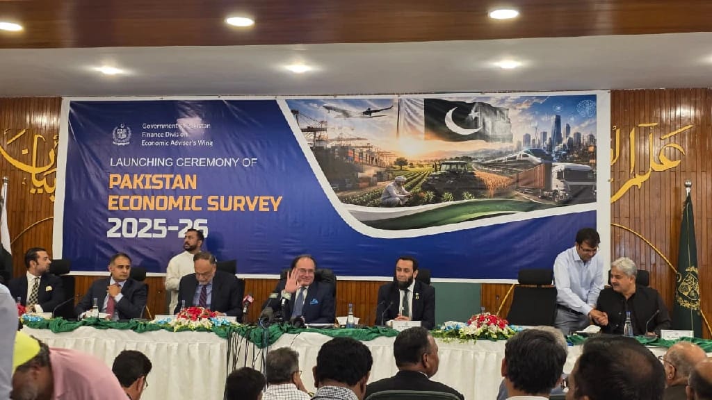 Pakistan Finance Minister Muhammad Aurangzeb gestures while presenting the Pakistan Economic Survey 2025-26 during a news conference in Islamabad on June 11, 2026. (Faraz Saeed/Pakistan TV Digital)