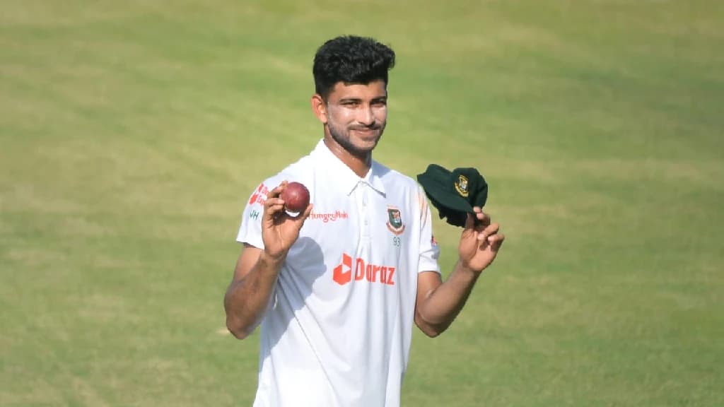 Bangladesh spinner Nayeem Hasan celebrates after claiming six wickets in the Test against Sri Lanka, Chattogram, May 16, 2022. (File photo: X/@NH33Official)