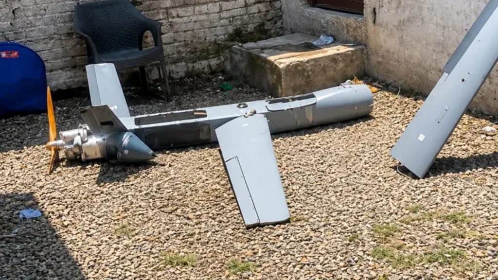 A photo released by the Information Ministry on June 19, 2026, shows a “rudimentary drone” the Afghan Taliban reportedly launched and which was shot down in Khyber district, Khyber Pakhtunkhwa. {Photo: X/FactCheckerMoIB)
