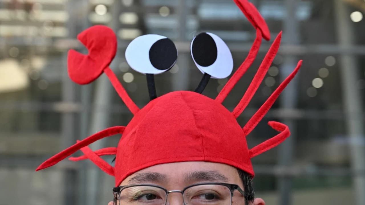 A man wears a lobster hat that represent the OpenClaw logo, an open-source AI assistant at the Baidu headquarter in Beijing on March 11, 2026. (AFP)