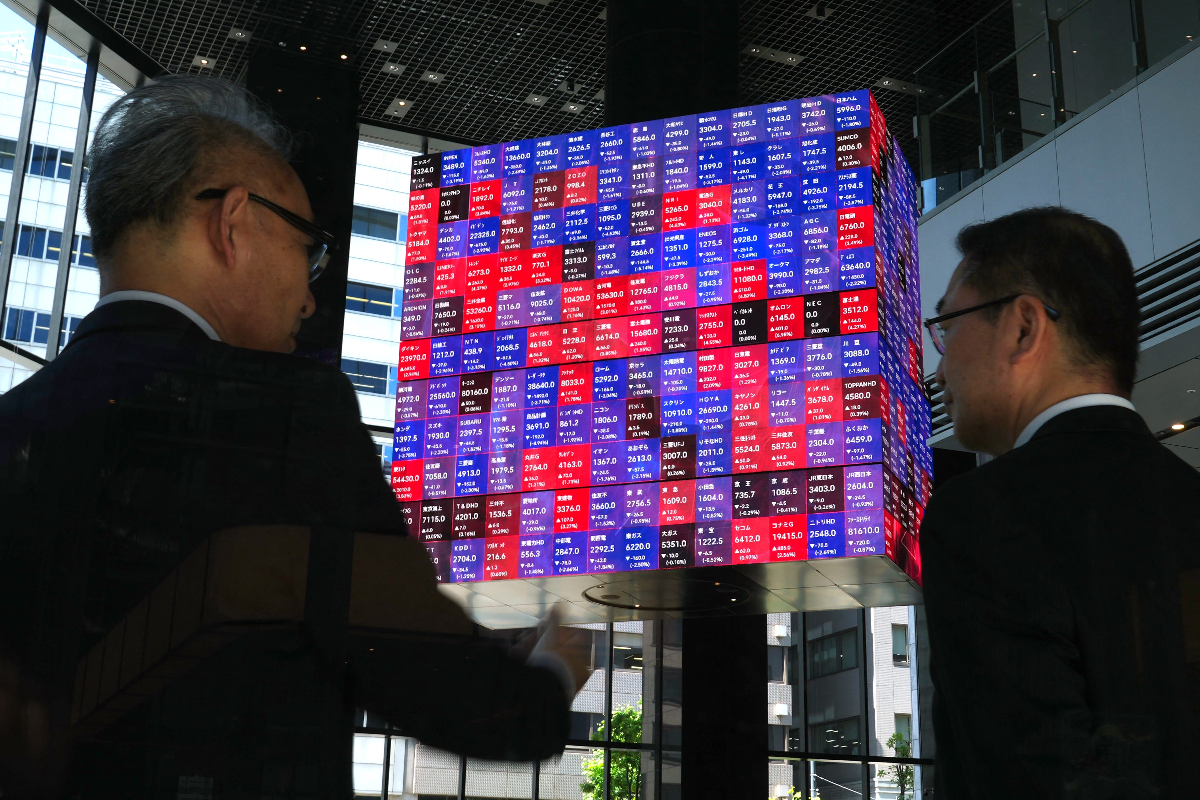 An electronic quotation board displays the Nikkei 225 stock prices on the Tokyo Stock Exchange in Tokyo on June 1, 2026. (Photo by Kazuhiro NOGI / AFP)