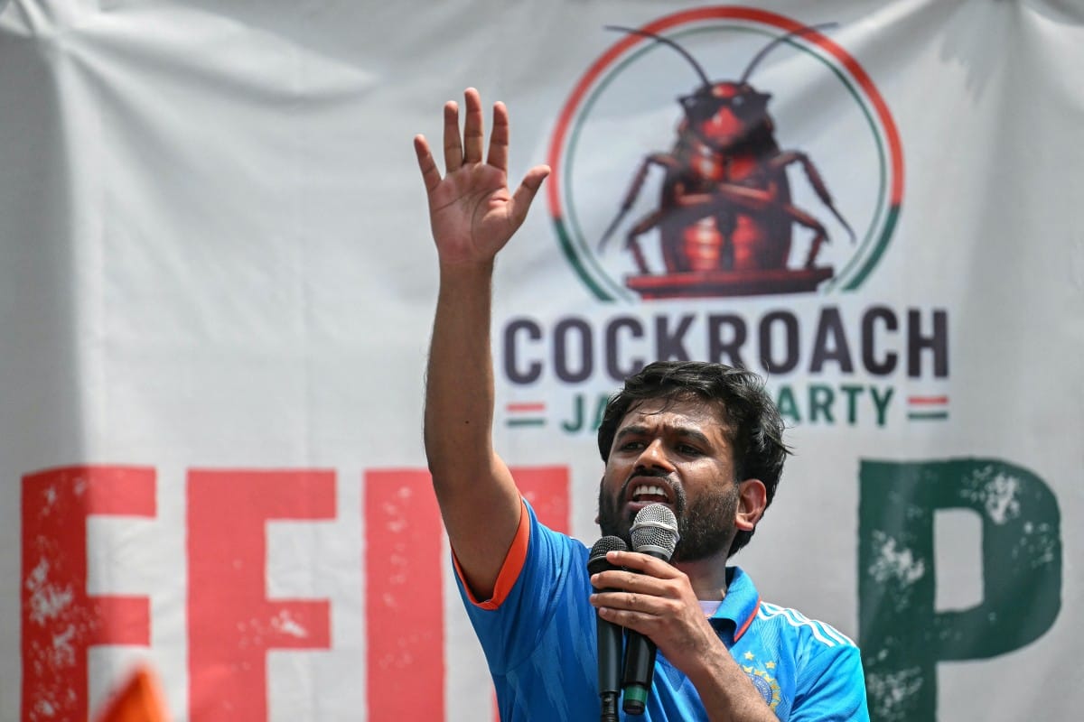 Cockroach Janta Party (CJP) founder Abhijeet Dipke addresses his supporters during a protest over alleged irregularities in the country's major examinations, in New Delhi on June 6, 2026 (AFP).