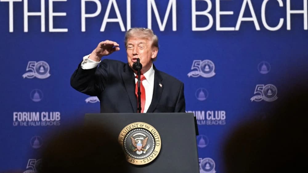 U.S. President Donald Trump speaks during an event at the Raymond F. Kravis Center for the Performing Arts on May 01, 2026, in Palm Beach, Florida. Trump is the keynote speaker for the Forum Club of the Palm Beaches' annual event, headlining the group’s 5
