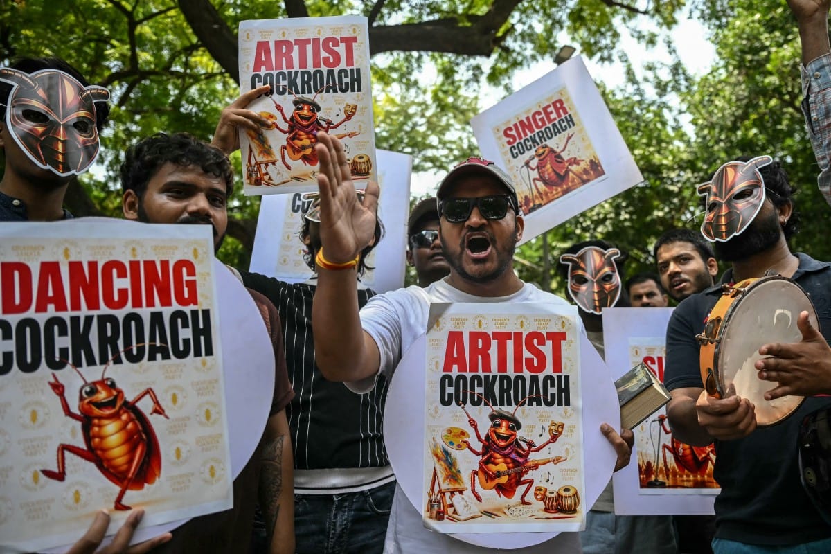 Cockroach Janta Party (CJP) supporters shout slogans during a protest over alleged irregularities in the country's major examinations, in New Delhi on June 6, 2026. (AFP)