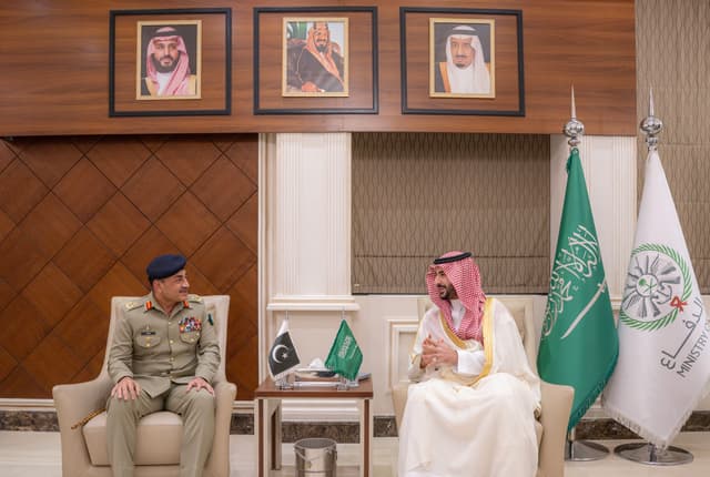 In this handout photo, taken and released by Saudi defense ministry on March 7, 2026, Saudi Arabia’s Defense Minister Prince Khalid bin Salman speaks during a meeting with Pakistan Chief of Defense Forces and Chief of Army Staff Field Marshal Syed Asim Mu