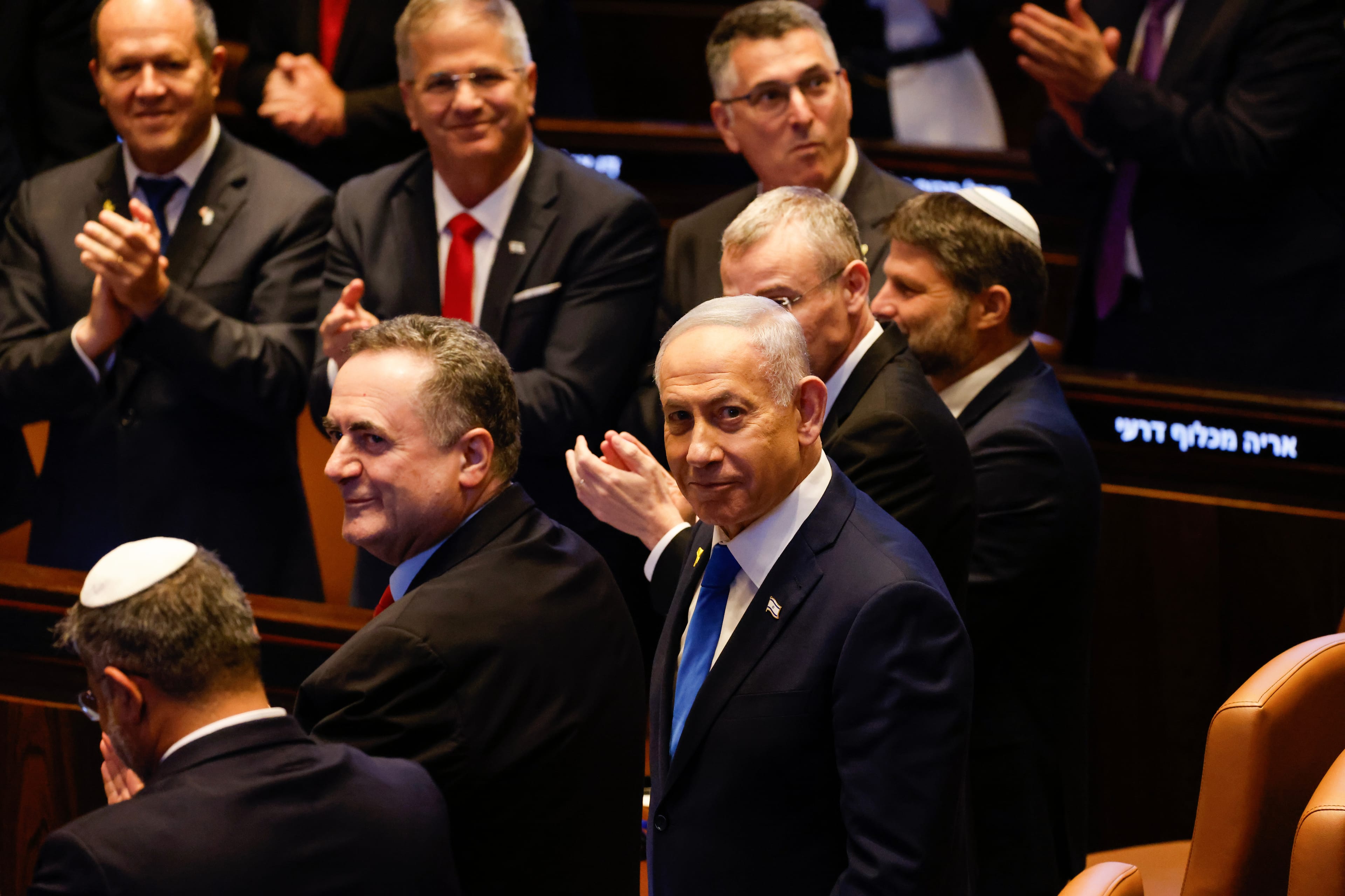 Israeli Prime Minister Benjamin Netanyahu looks on while President Donald Trump addresses the Knesset, Israel's parliament, Monday, Oct. 13, 2025, in Jerusalem. (AP)